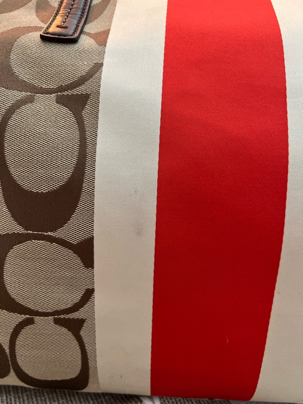 Coach Brown Signature Canvas Tote with Red and White Center Stripe - Picture 9 of 14